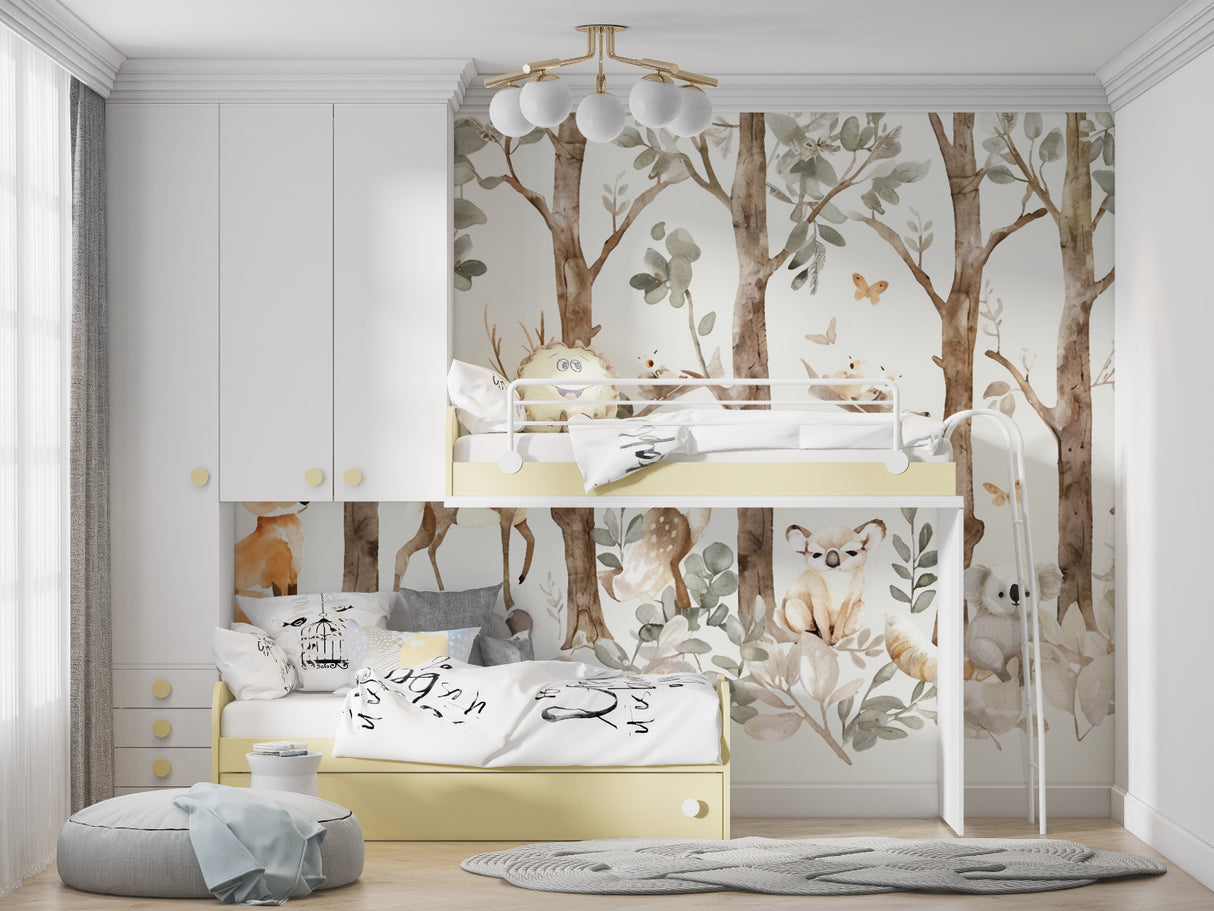 Woodland Wallpaper showcased in a modern family room with minimalist furniture