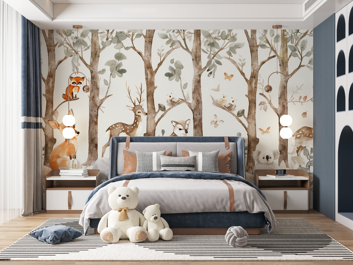 Forest Animals Mural displayed in a baby room with neutral tones and natural textures