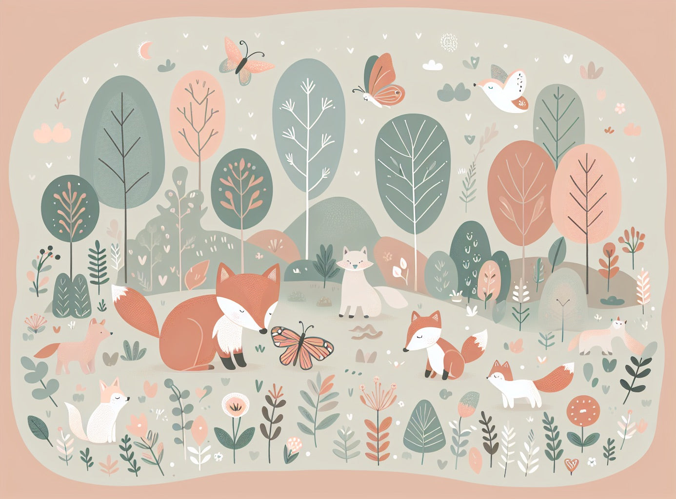Fox and butterfly forest wallpaper design file showing intricate pattern details and soft color palette