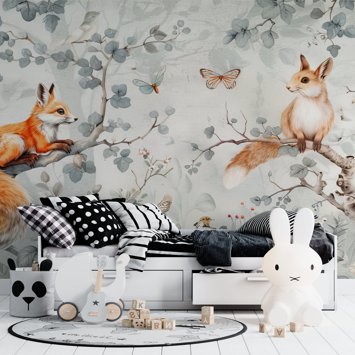 Forest animals wallpaper creating a cozy atmosphere in a modern nursery with natural light