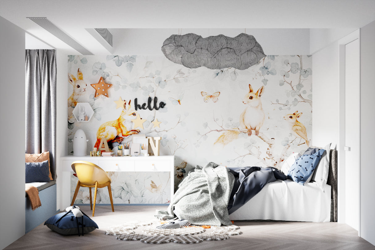Woodland fox wallpaper bringing charm to a child's reading nook with soft furnishings