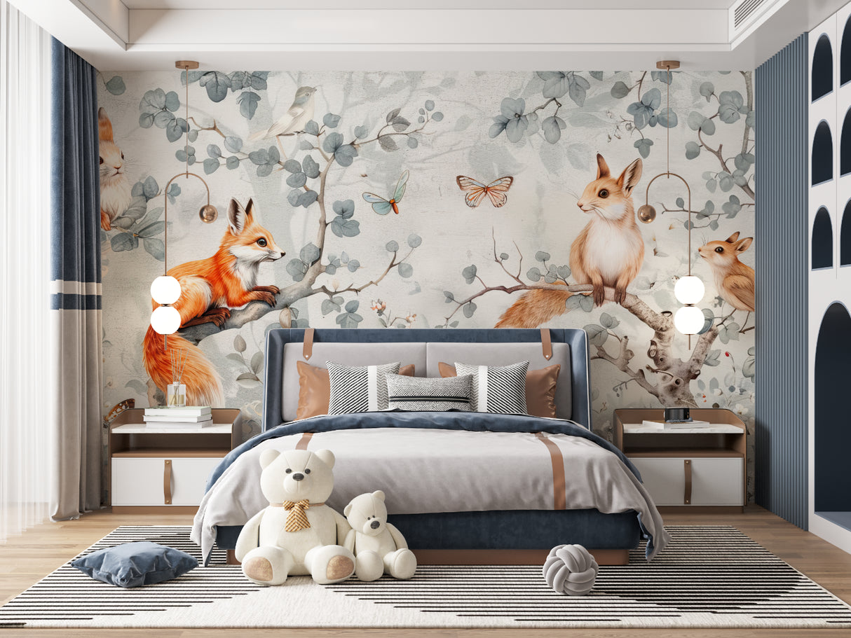 Forest animal mural featured in a playroom with neutral decor and wooden accents