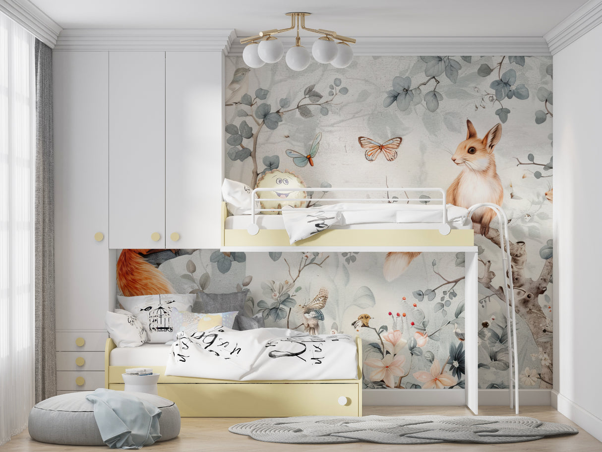 Whimsical fox wallpaper transforming a baby's nursery with gentle colors and natural themes