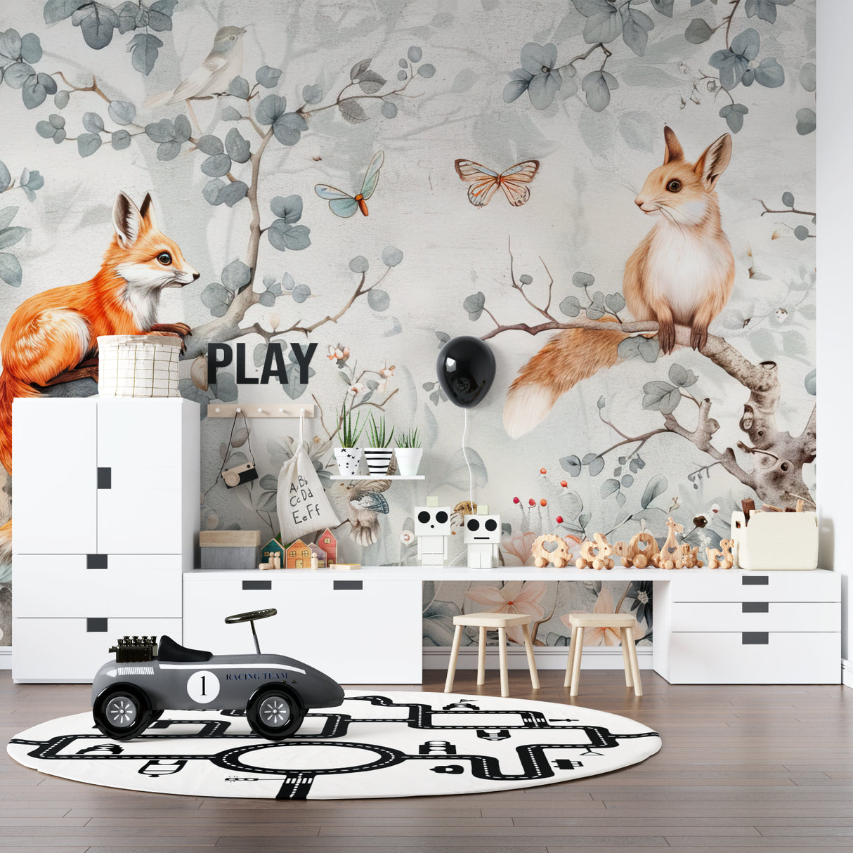 Woodland creatures mural creating a magical atmosphere in a children's bedroom