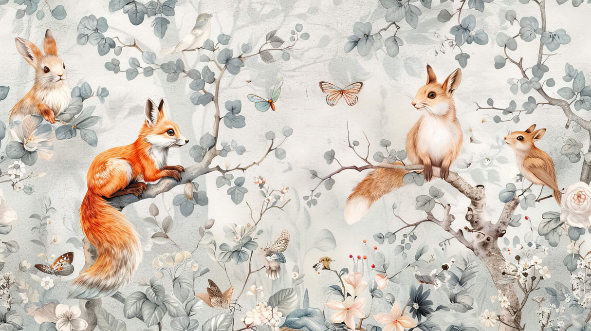 Forest animals wallpaper design file showing delicate fox and butterfly pattern on grey background