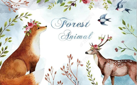 Forest animals wallpaper design file showing detailed watercolor fox and deer illustration
