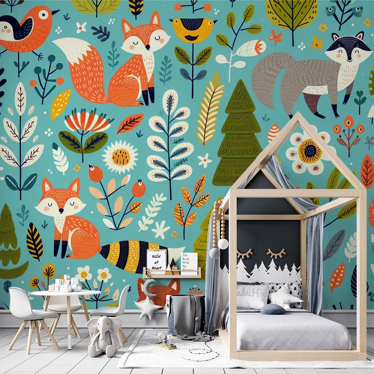 Forest Animals Wallpaper featuring playful foxes and woodland creatures in a cozy nursery setting with natural lighting