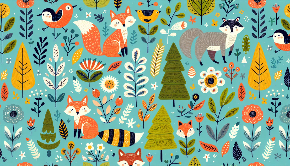 Whimsical fox and woodland design pattern file showing full forest animals mural detail