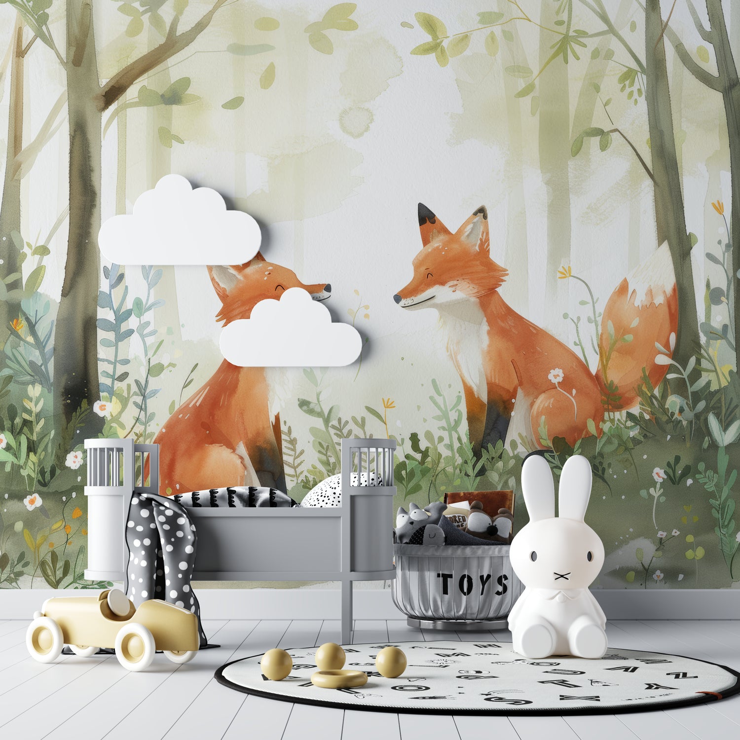 Fox friends mural adding whimsy to a modern kids bedroom with minimal decor
