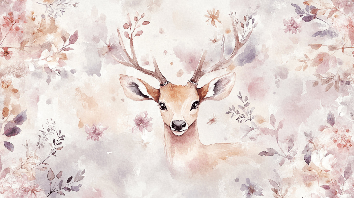 Design file showing detailed forest animals pattern with deer, owl, and watercolor elements