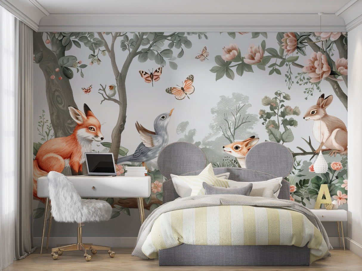Forest animals wallpaper in cozy nursery with rocking chair and soft lighting