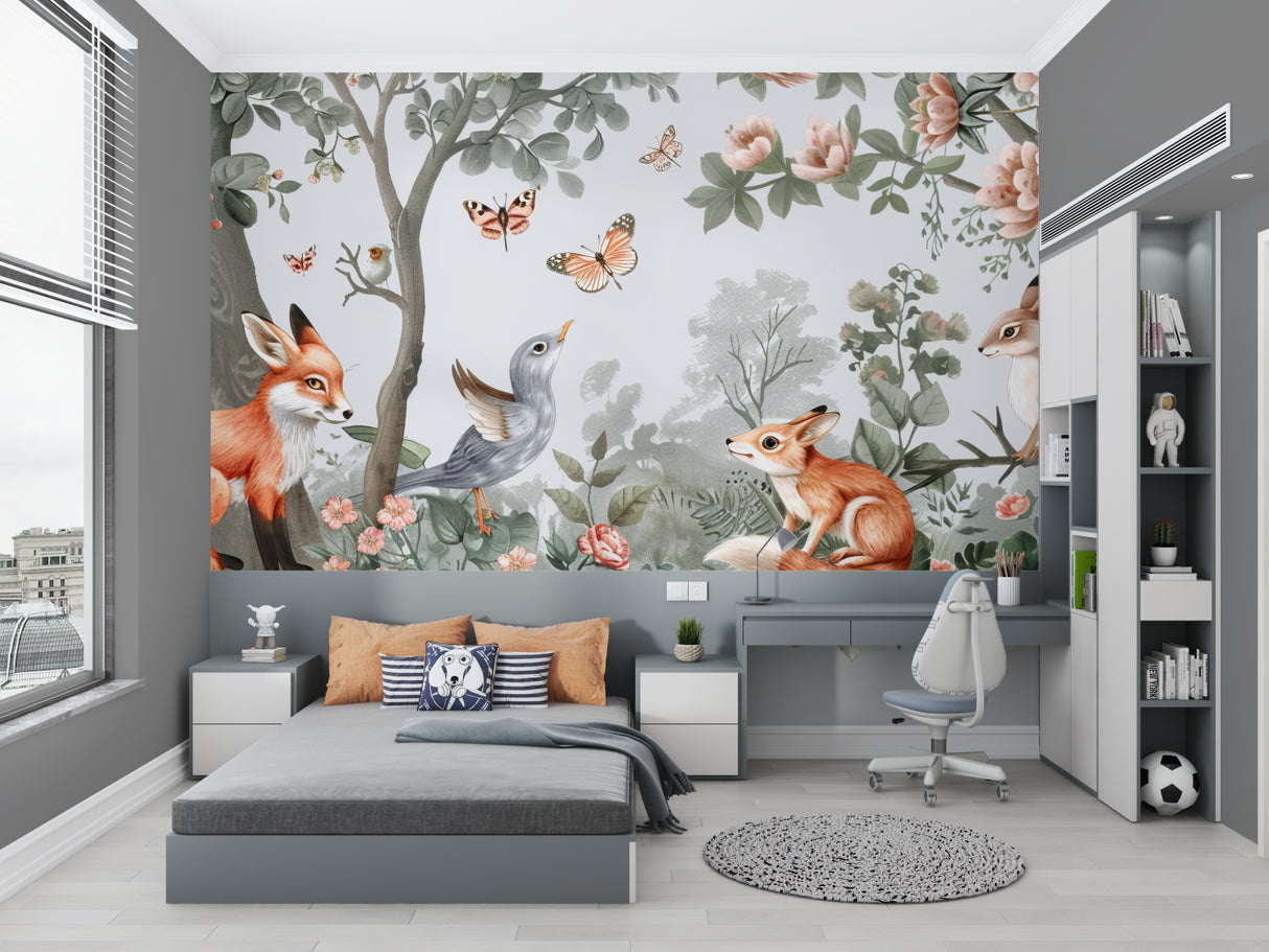 Forest animal wall mural bringing nature into modern playroom setup