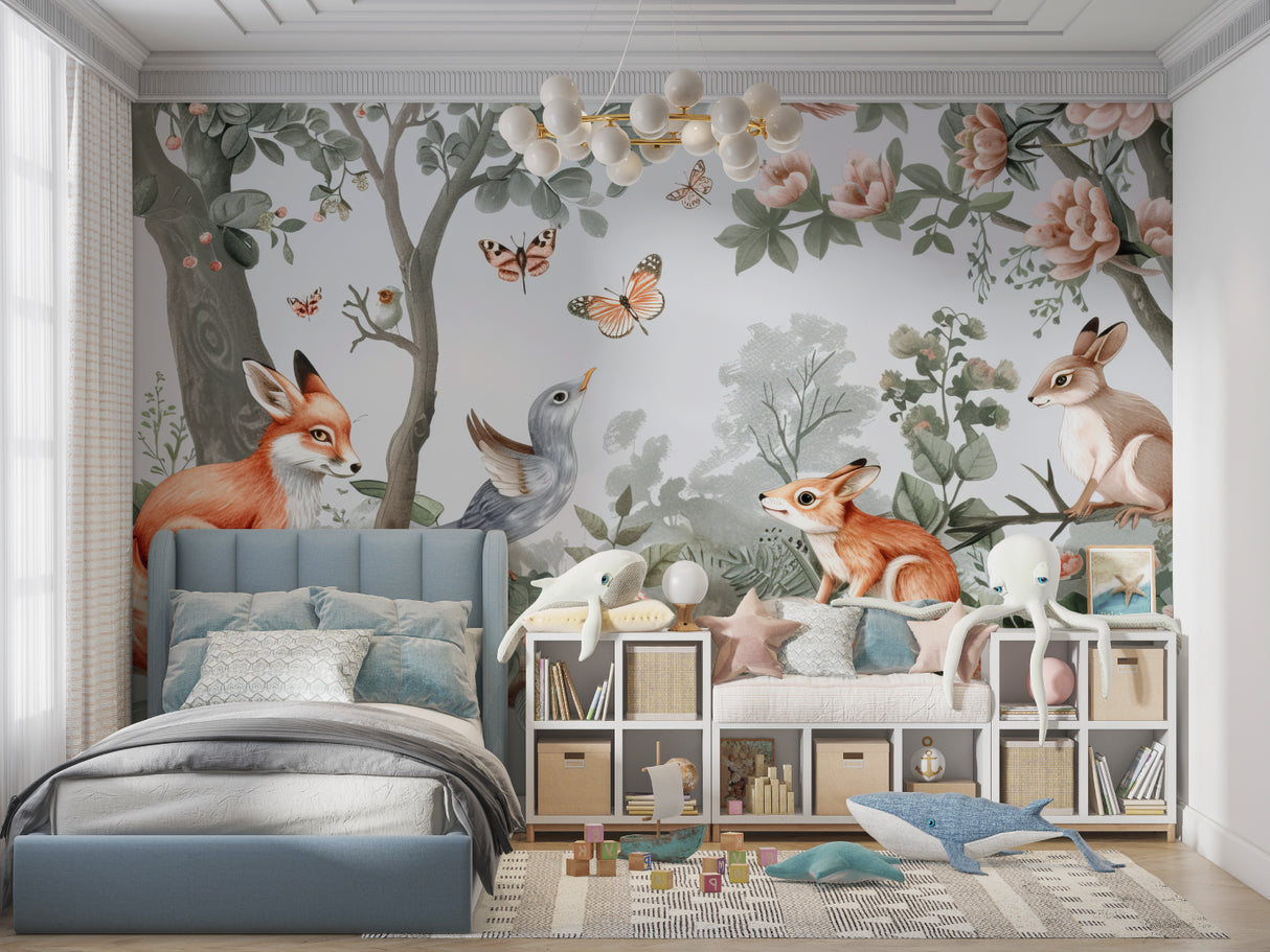 Nature-inspired mural in baby room with minimal furniture