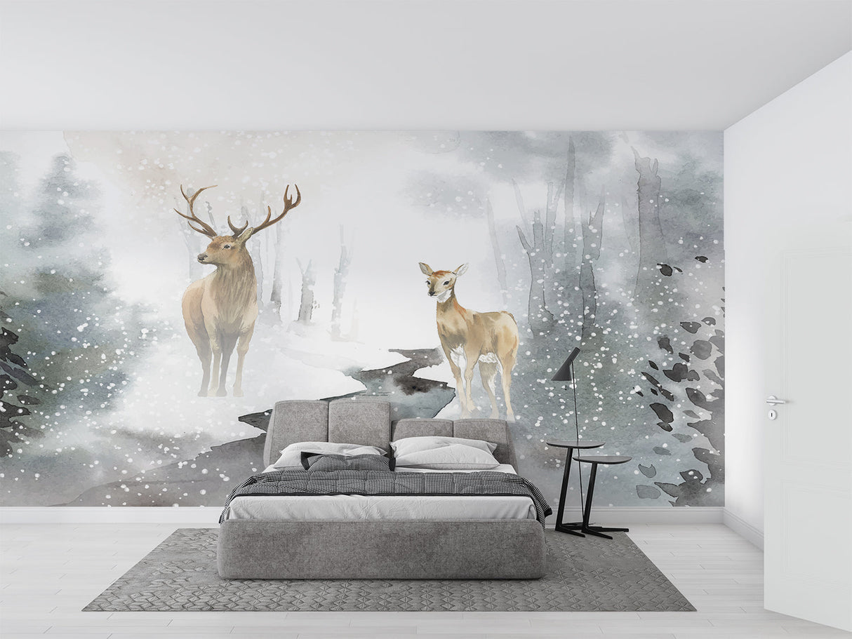 Forest deer wallpaper creating a cozy atmosphere in a modern living room with grey furniture