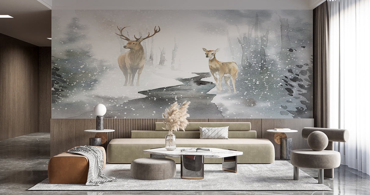 Winter forest mural wallpaper making a statement in a minimal bedroom setting