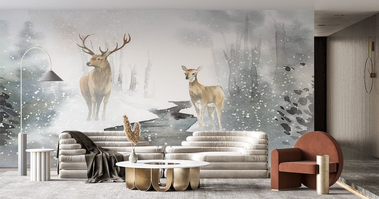 Forest animal mural creating depth in a dining room with wooden furniture