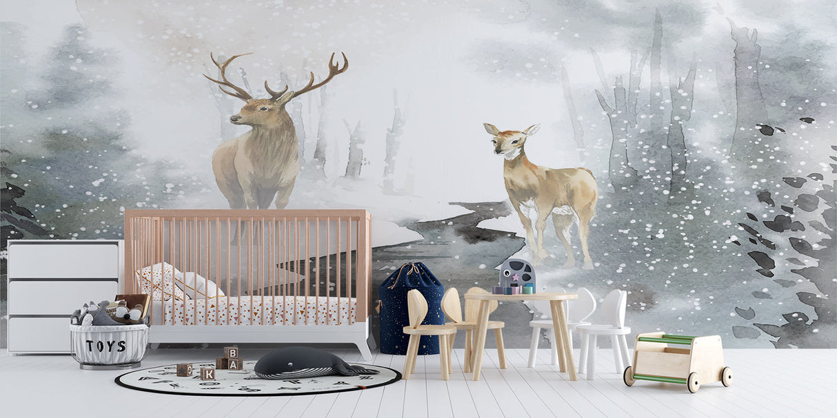 Winter deer wallpaper adding character to a home office space