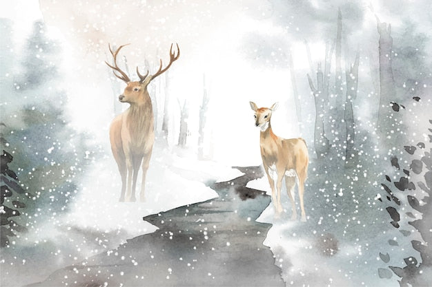 Design file showing winter deer and stream watercolor pattern with misty forest background