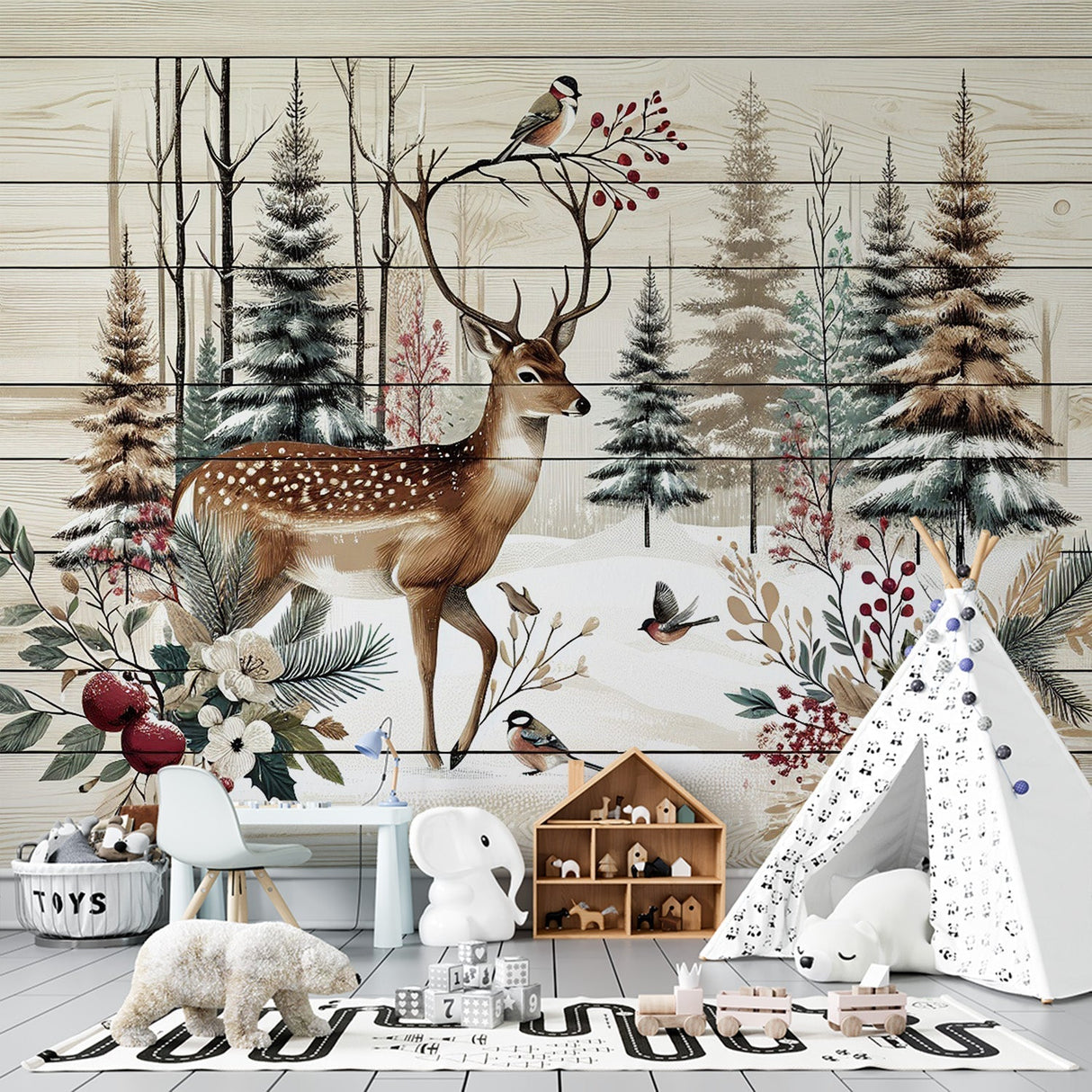 Forest Animals Wallpaper with winter deer scene shown in a cozy living room setting with natural light