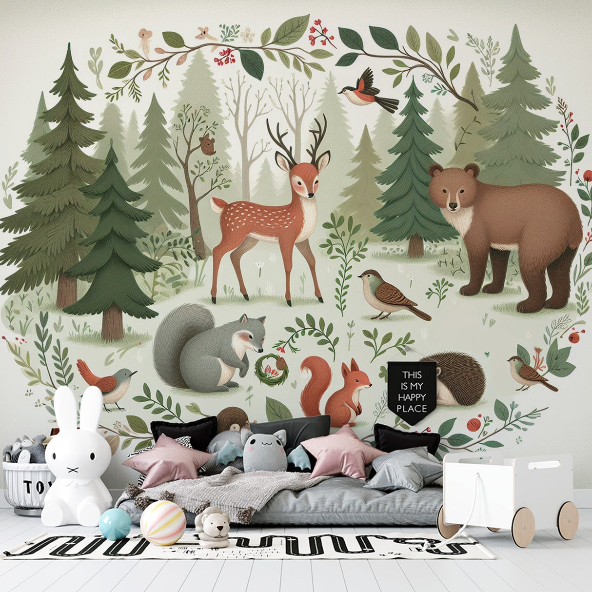 Forest Animals Wallpaper in cozy nursery setting, showing gentle woodland creatures among green trees