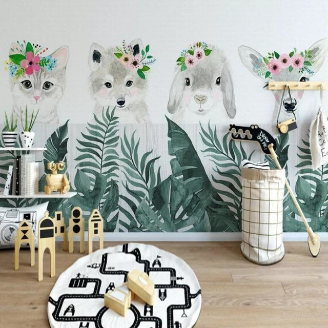 Forest animals wallpaper creating a cozy atmosphere in a modern nursery with natural light