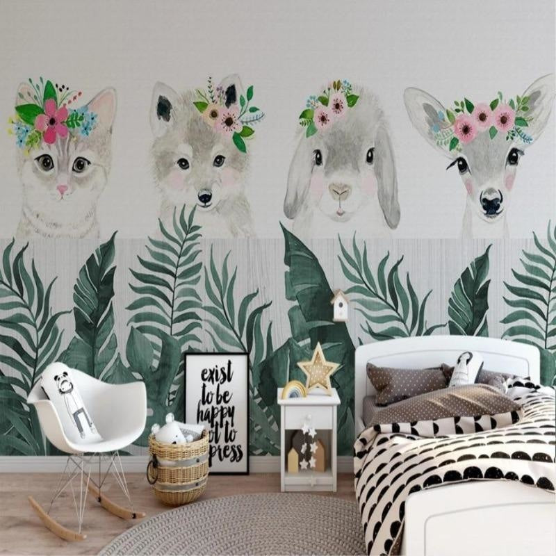 Woodland deer wallpaper transforming a child's bedroom with soft, natural tones