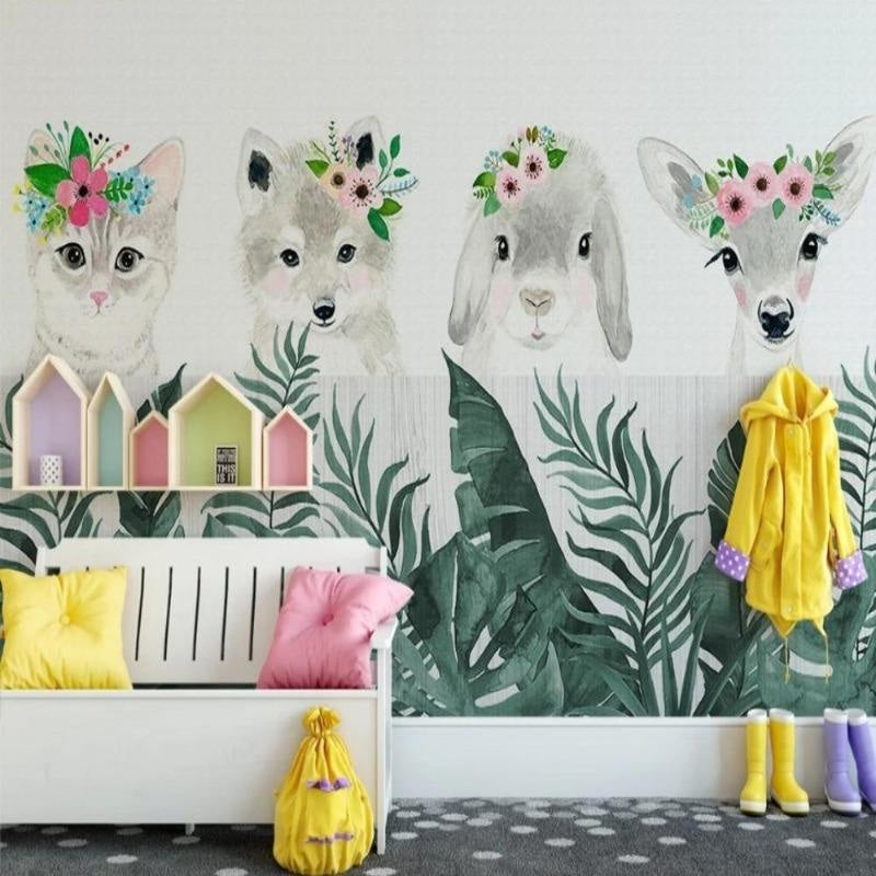Forest wildlife mural adding charm to a reading nook with comfortable seating
