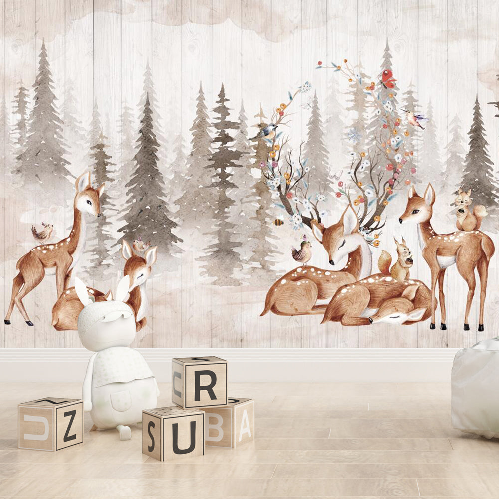 Forest Animals Wallpaper creating a cozy atmosphere in a modern nursery with natural light and wooden furniture
