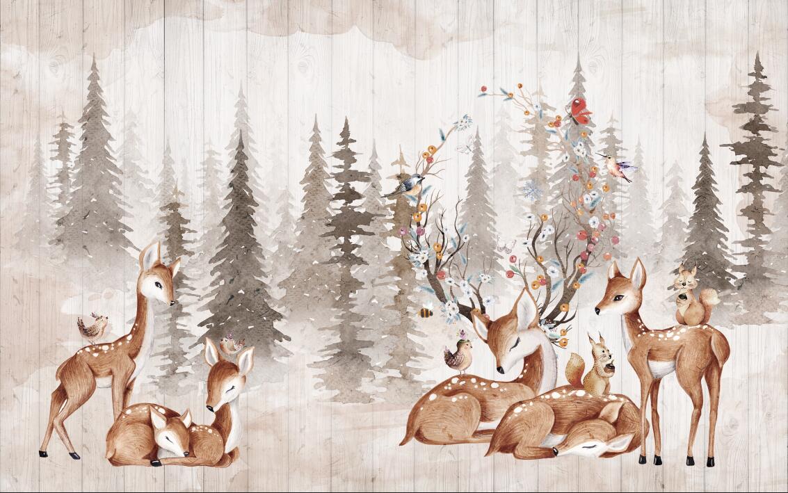 Forest Animals Wallpaper design file showing detailed woodland deer family scene with misty pine trees