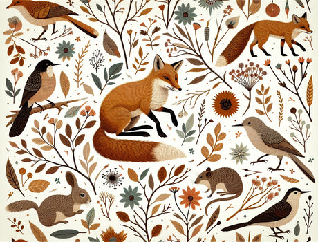 Woodland fox and birds design file showing detailed pattern on white background