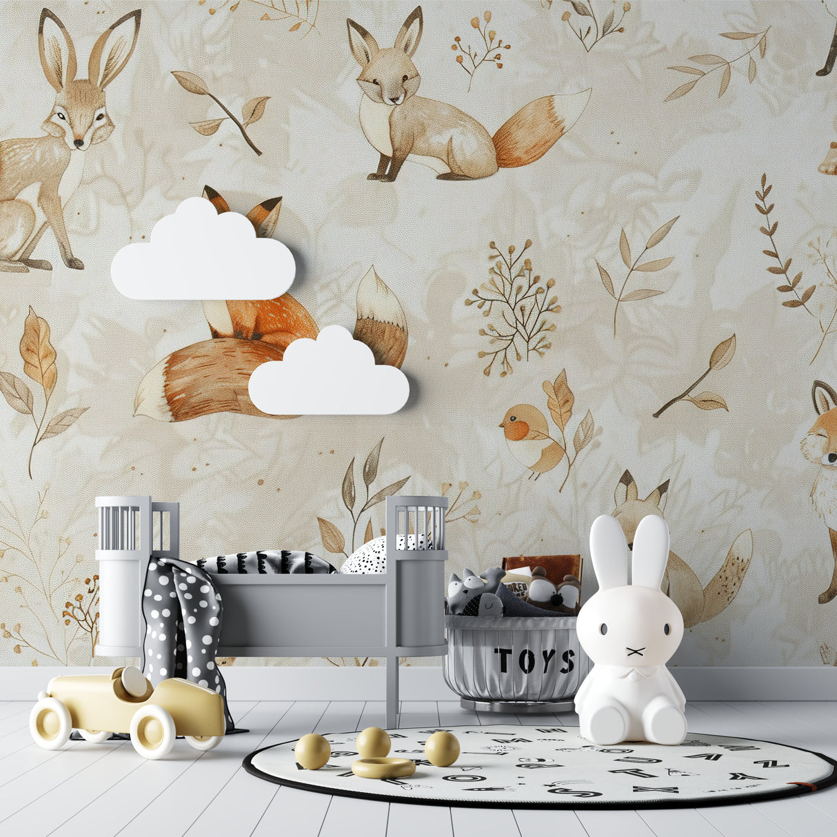Forest animals wallpaper in cozy nursery setting with natural wood furniture and soft lighting