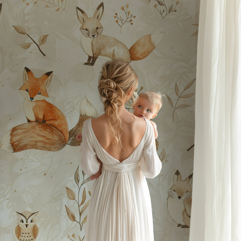 Woodland fox wallpaper creating magic in children's reading nook with comfy chair
