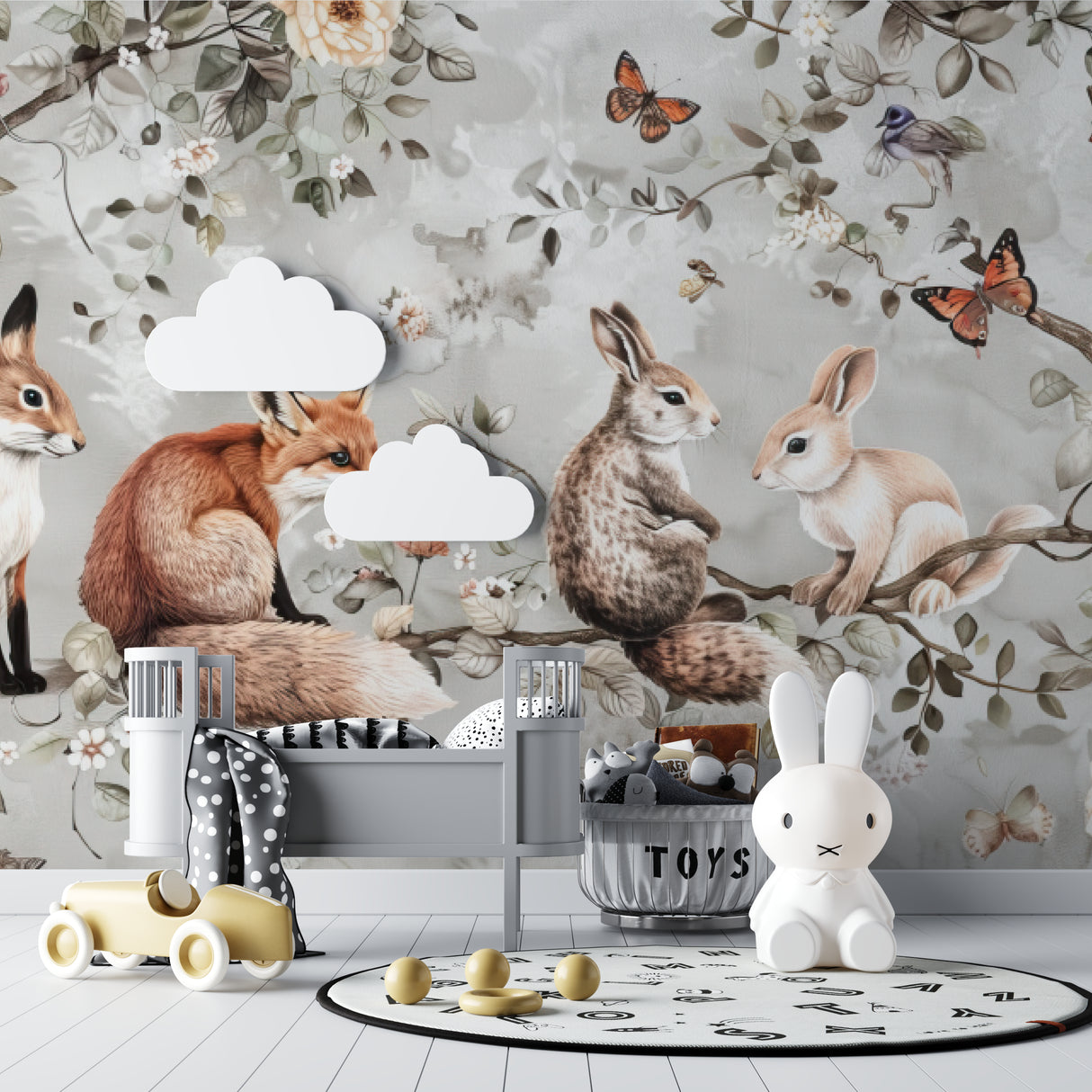 Woodland animals wallpaper in cozy nursery with soft lighting showing fox and rabbit characters