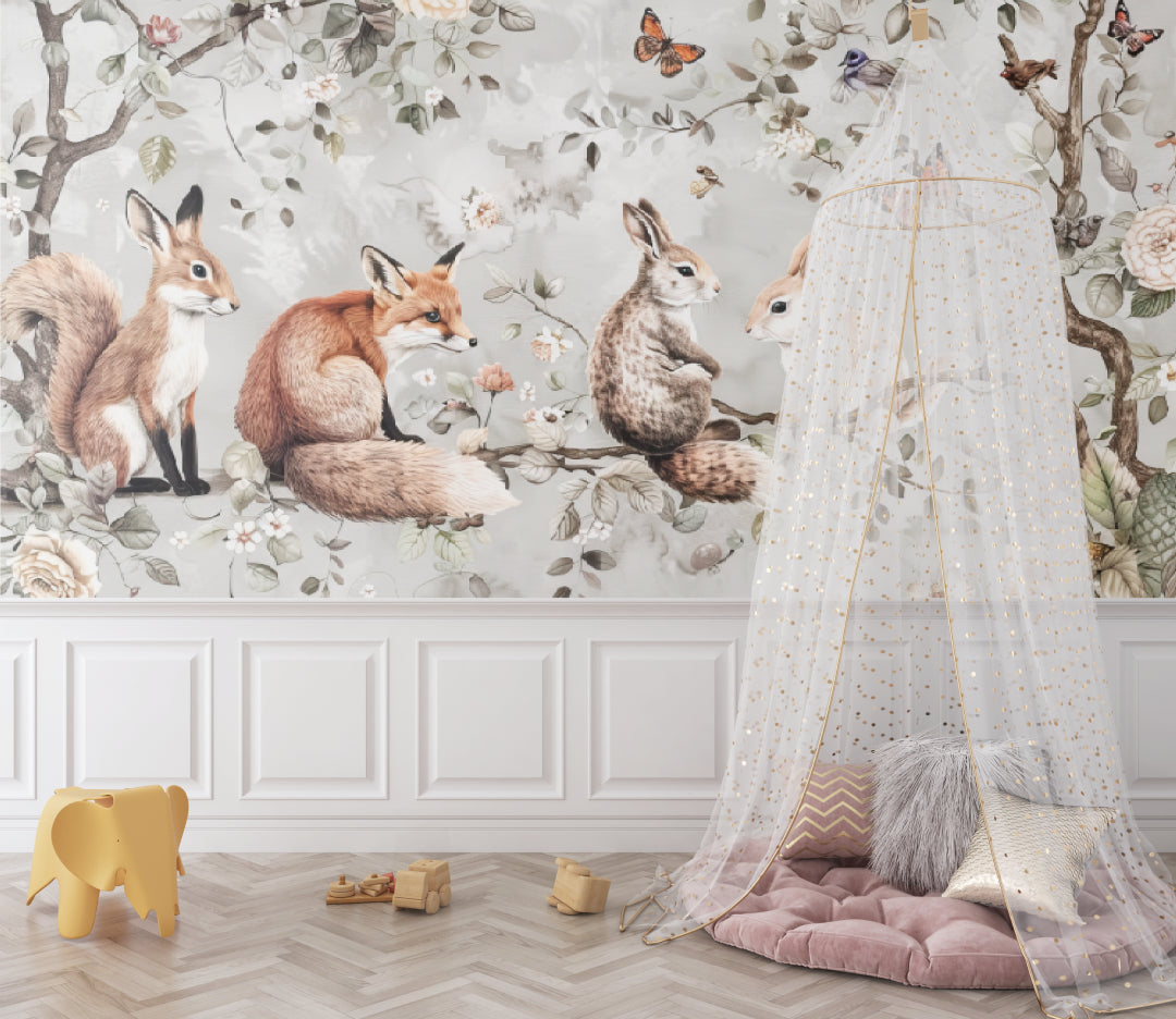 Forest animals mural in children's playroom with natural wood furniture