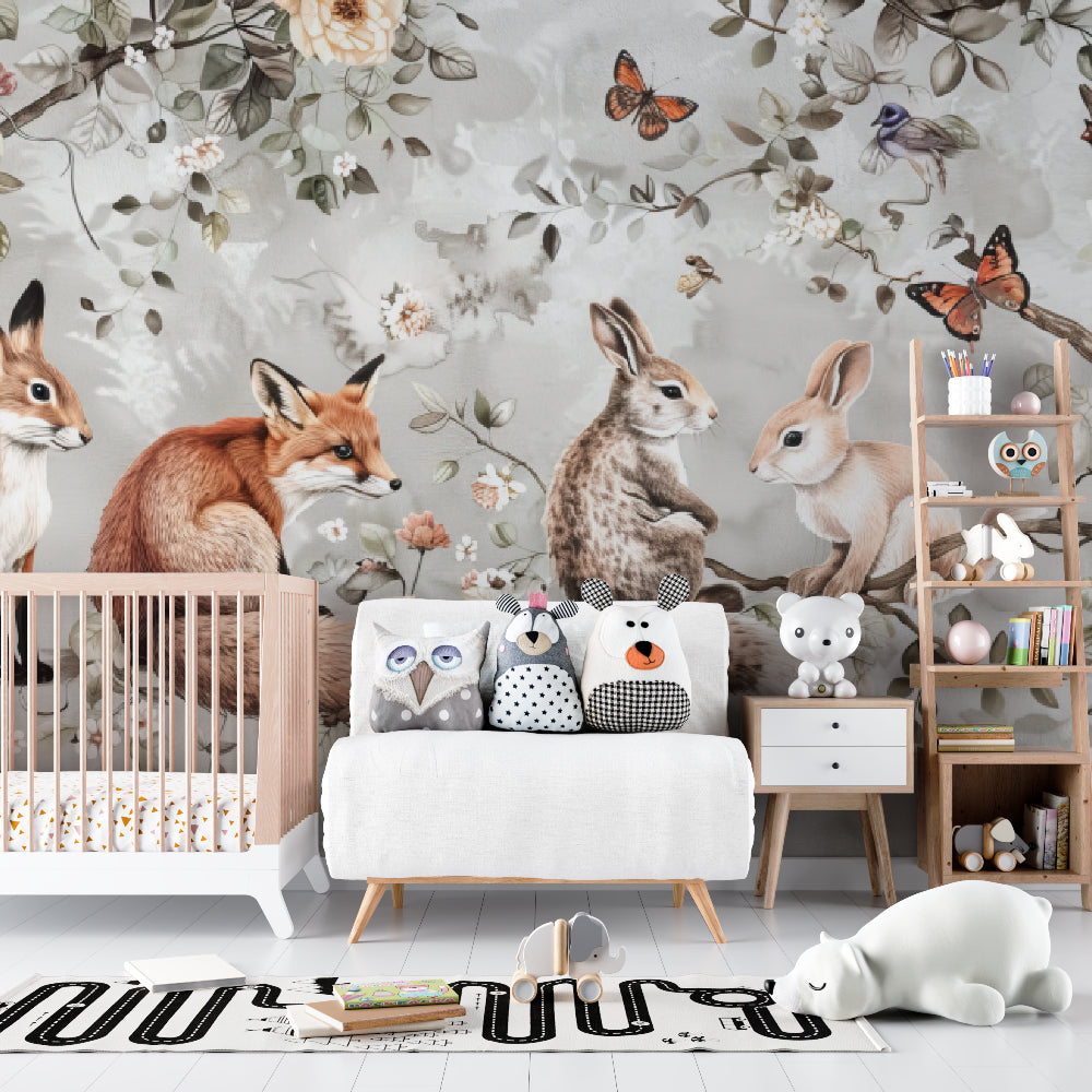 Woodland fox wallpaper creating magical atmosphere in baby's room