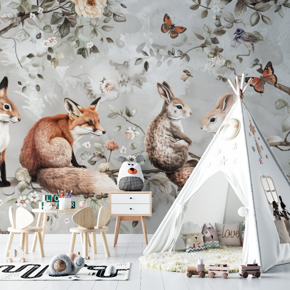 Forest creature wallpaper in modern nursery with minimalist decor