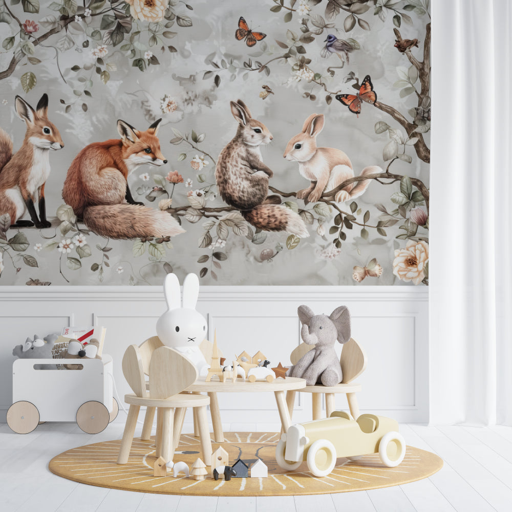 Woodland nursery wallpaper in reading nook with rocking chair