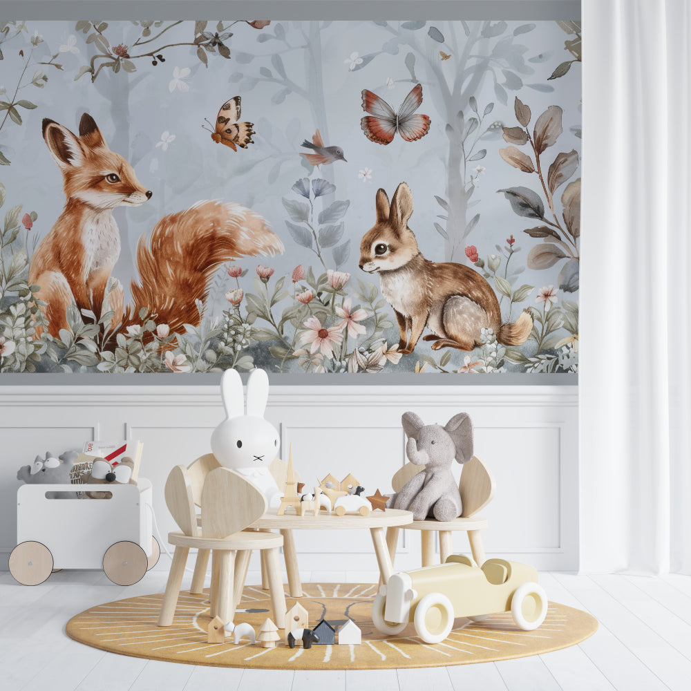 Forest animal mural displayed in a child's reading nook with soft lighting