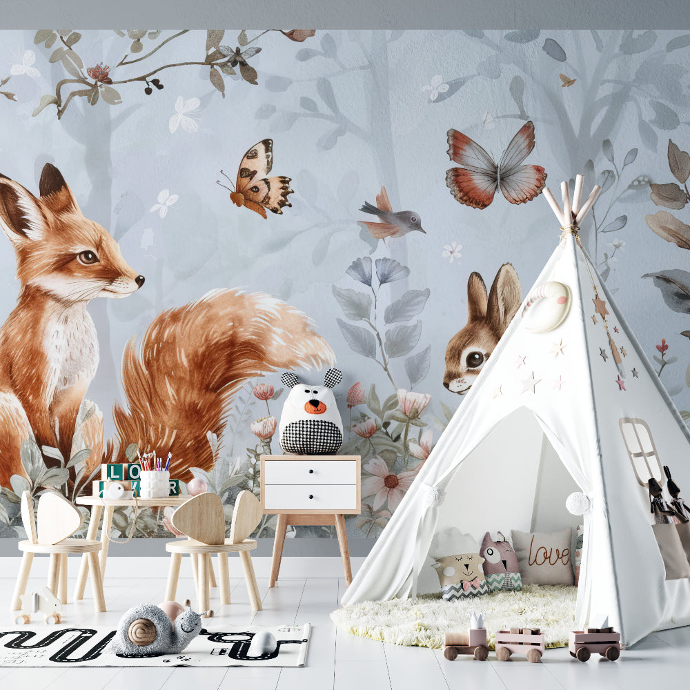 Woodland fox wallpaper bringing nature into a peaceful bedroom setting