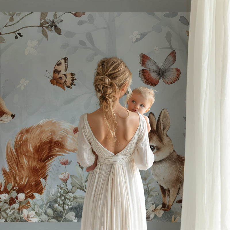 Forest creatures mural showcased in a playroom with natural wood accents