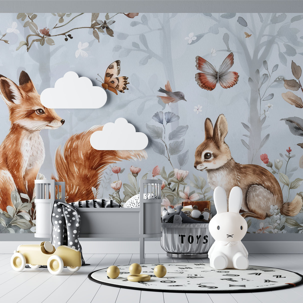 Animal wallpaper creating a storytelling corner in a bright children's room