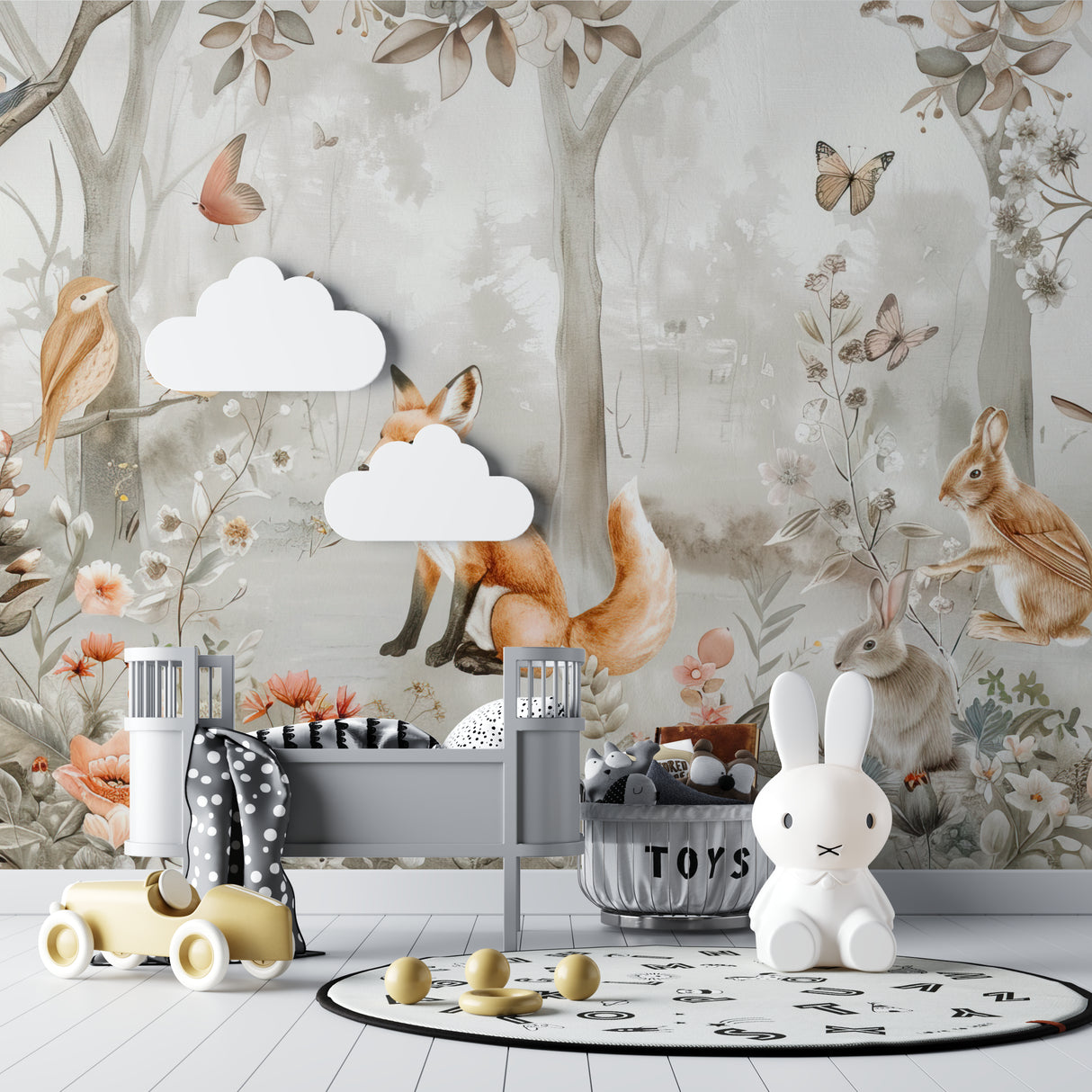 Forest animals wallpaper in cozy nursery with rocking chair and soft lighting