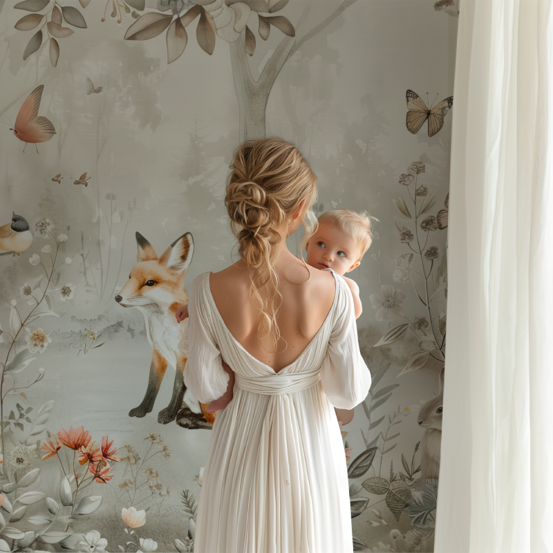 Forest scene mural bringing nature into modern nursery space