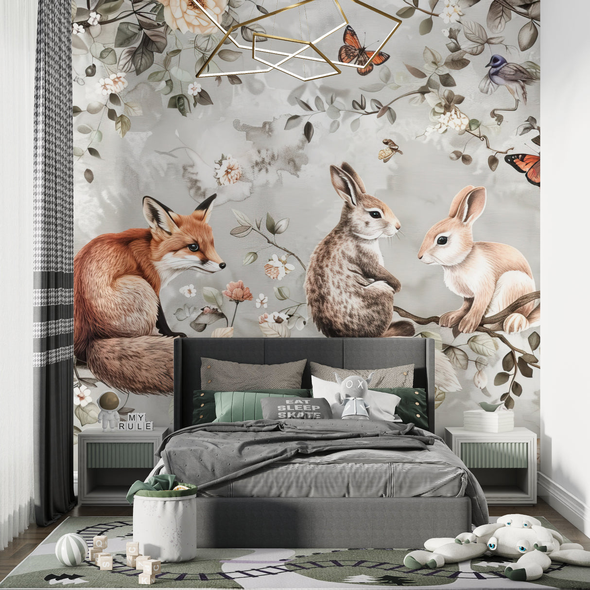 Forest animals wallpaper in cozy nursery with natural light showing fox and rabbit characters