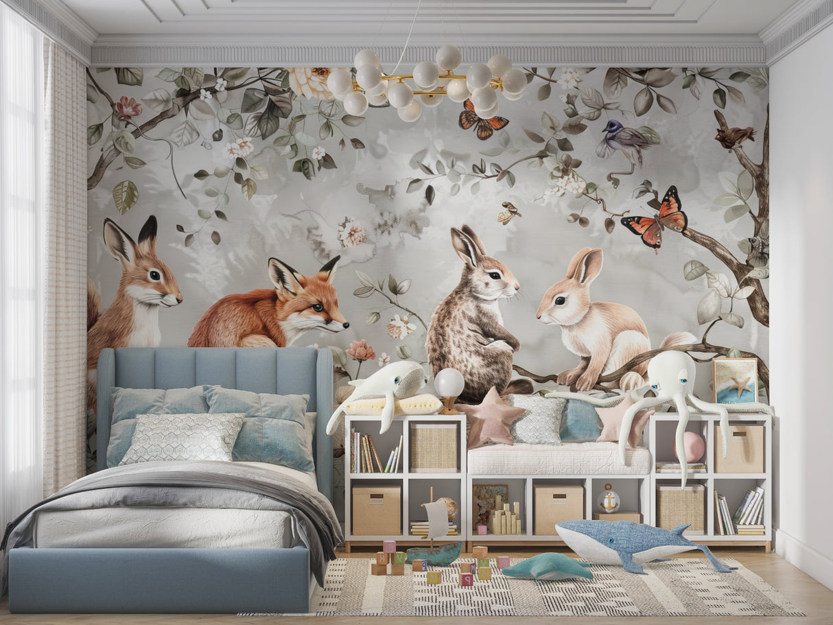 Woodland creatures mural in child's playroom featuring gentle forest scene