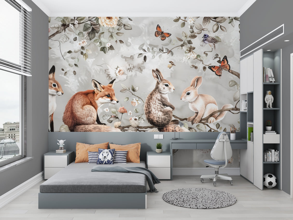 Forest wallpaper creating reading nook in kids bedroom