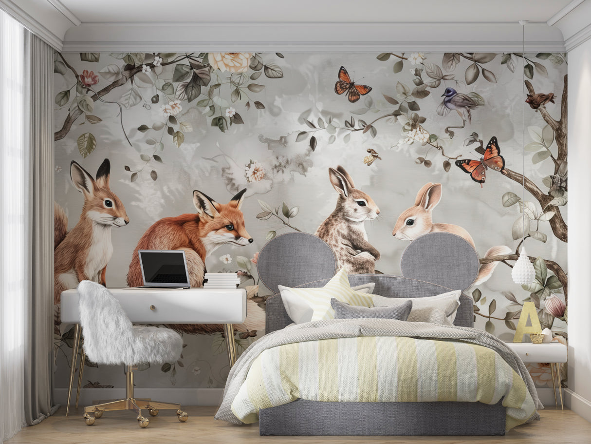 Nature-inspired wall mural in modern living room setting