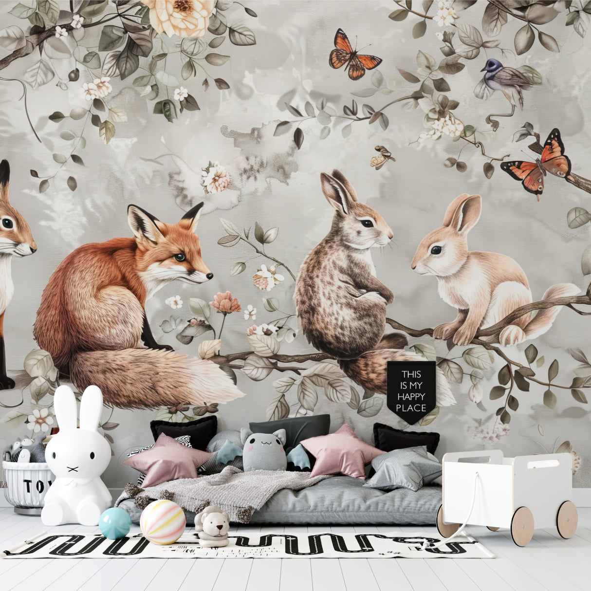 Woodland fox wallpaper displayed in bright bedroom space