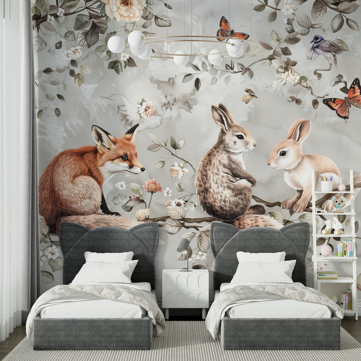 Forest animals wallpaper in bright nursery with white furniture shows fox and rabbits