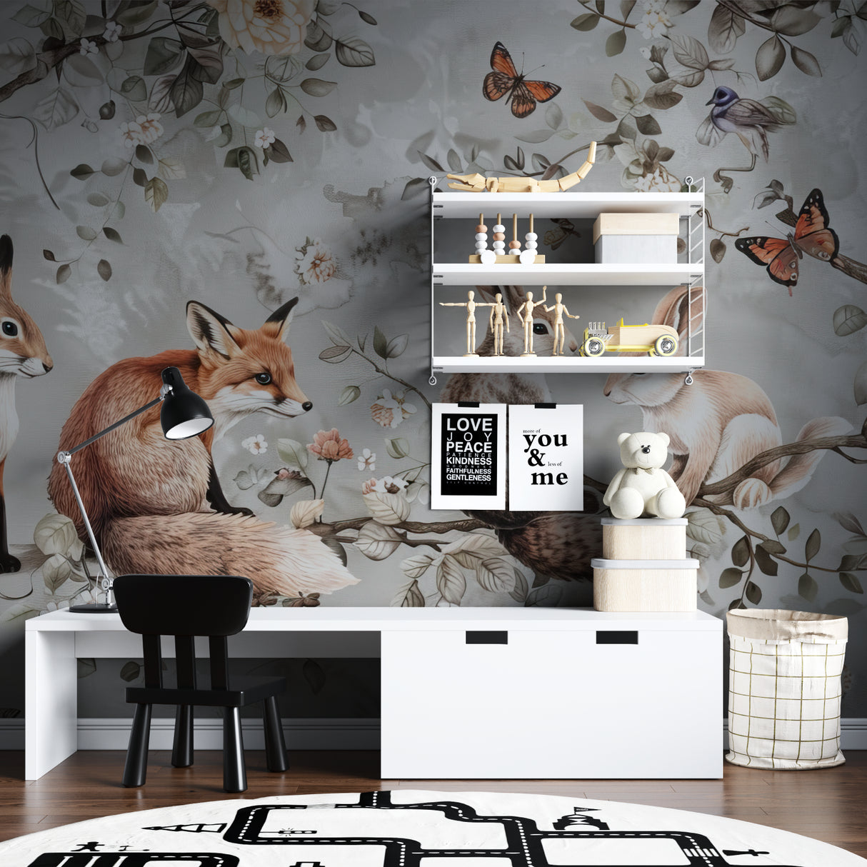 Woodland mural in children's playroom featuring gentle fox and butterfly design